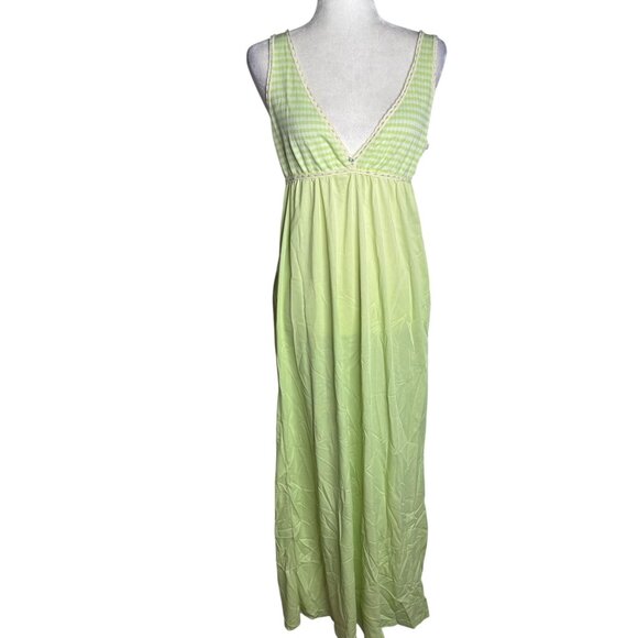 Vintage 70s Lime Green Striped Nylon Sleeveless Nightgown Plunge Neck Medium - Picture 1 of 6